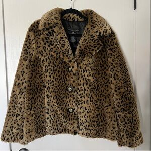 Leopard print faux fur button up coat jacket